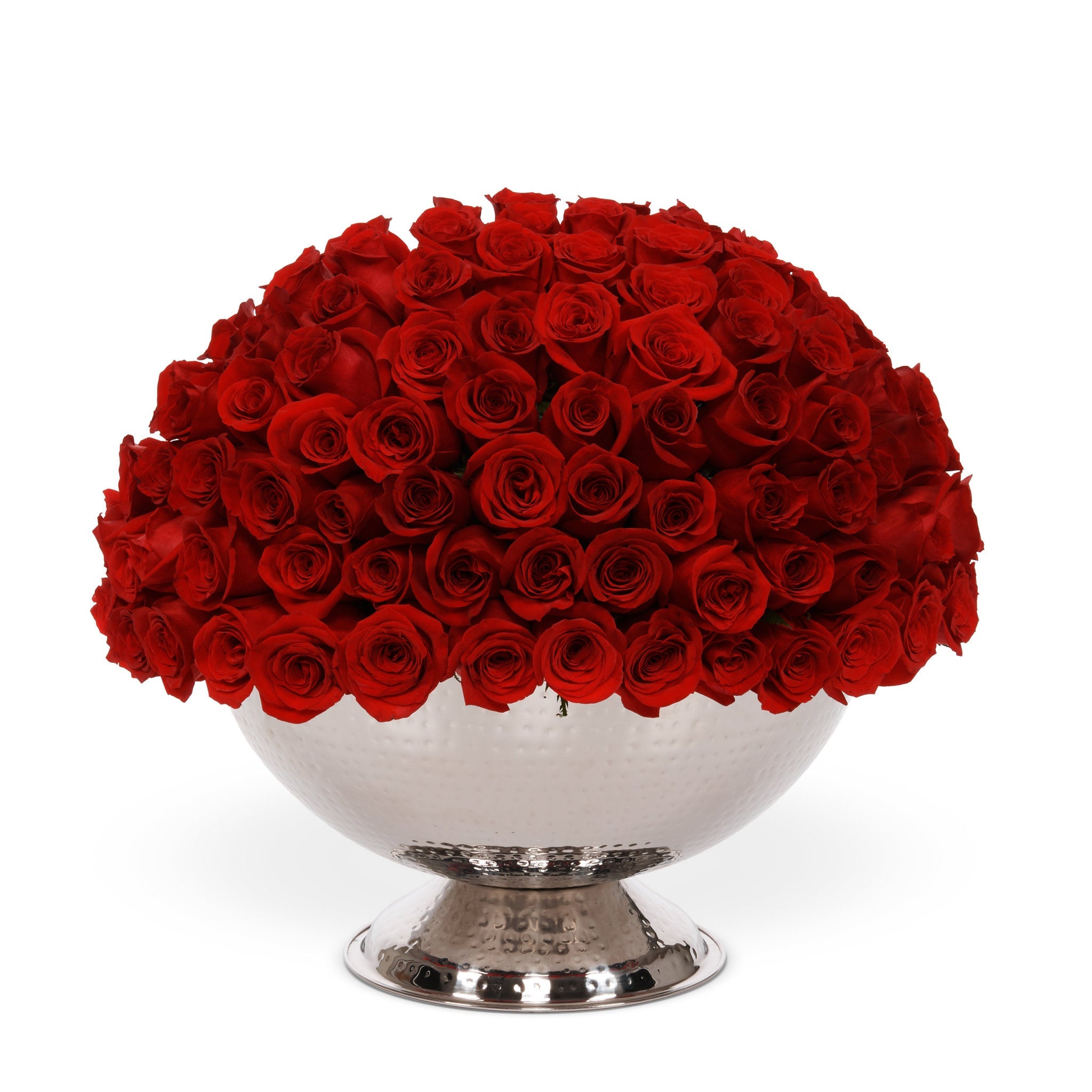 Bouquet of red roses in a silver vase on a white background