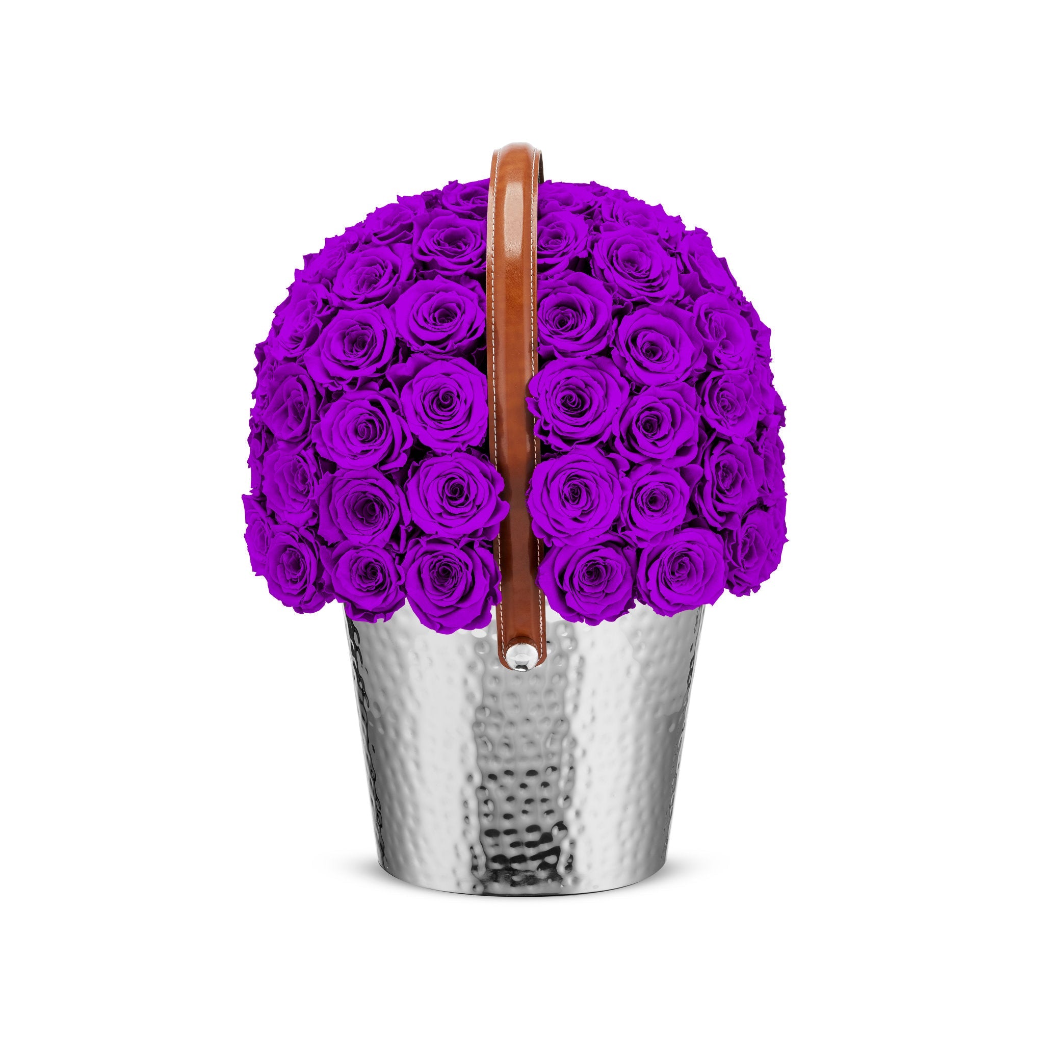 Basket filled with purple roses on a white background