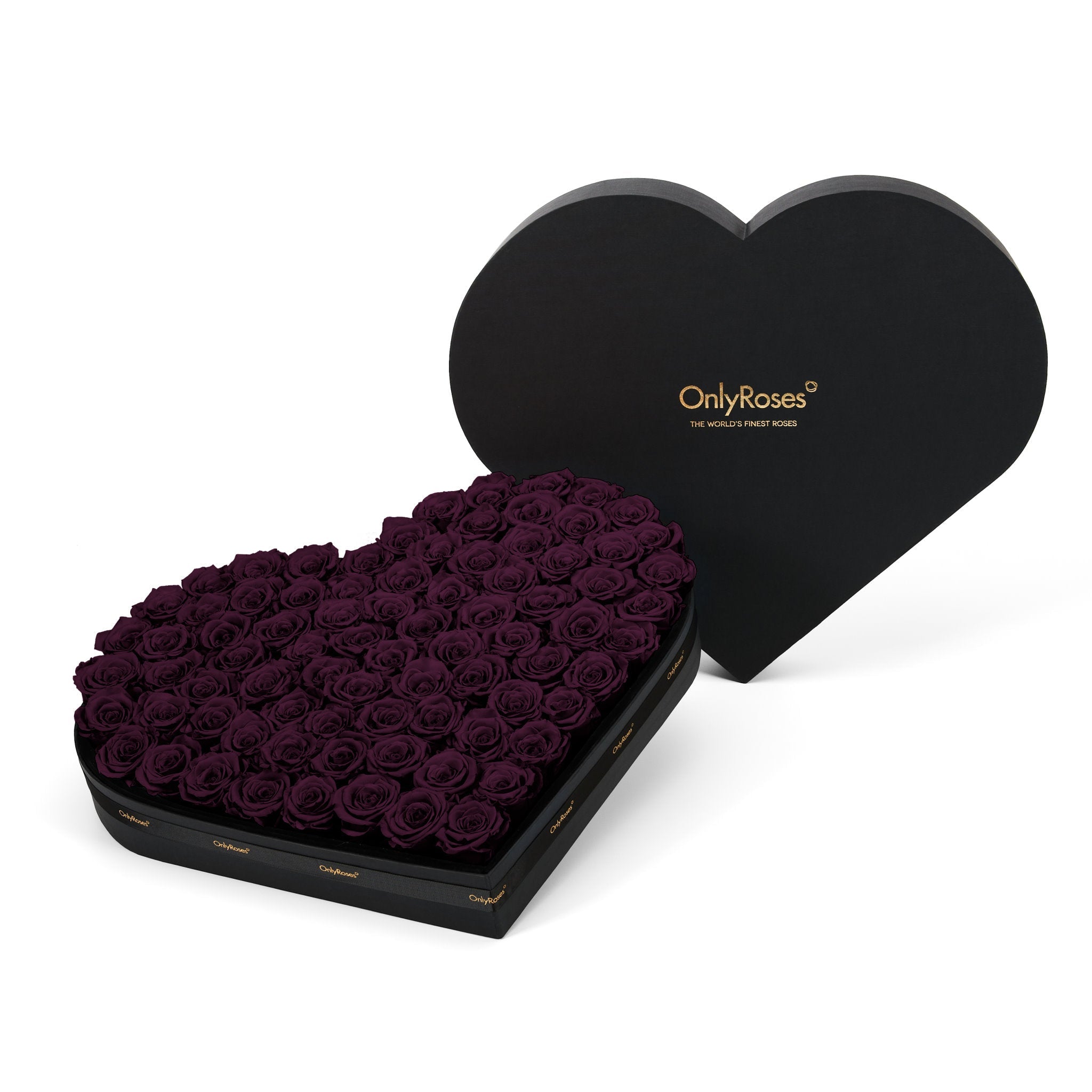 Heart-shaped box of purple roses with 'OnlyRoses' branding on a white background
