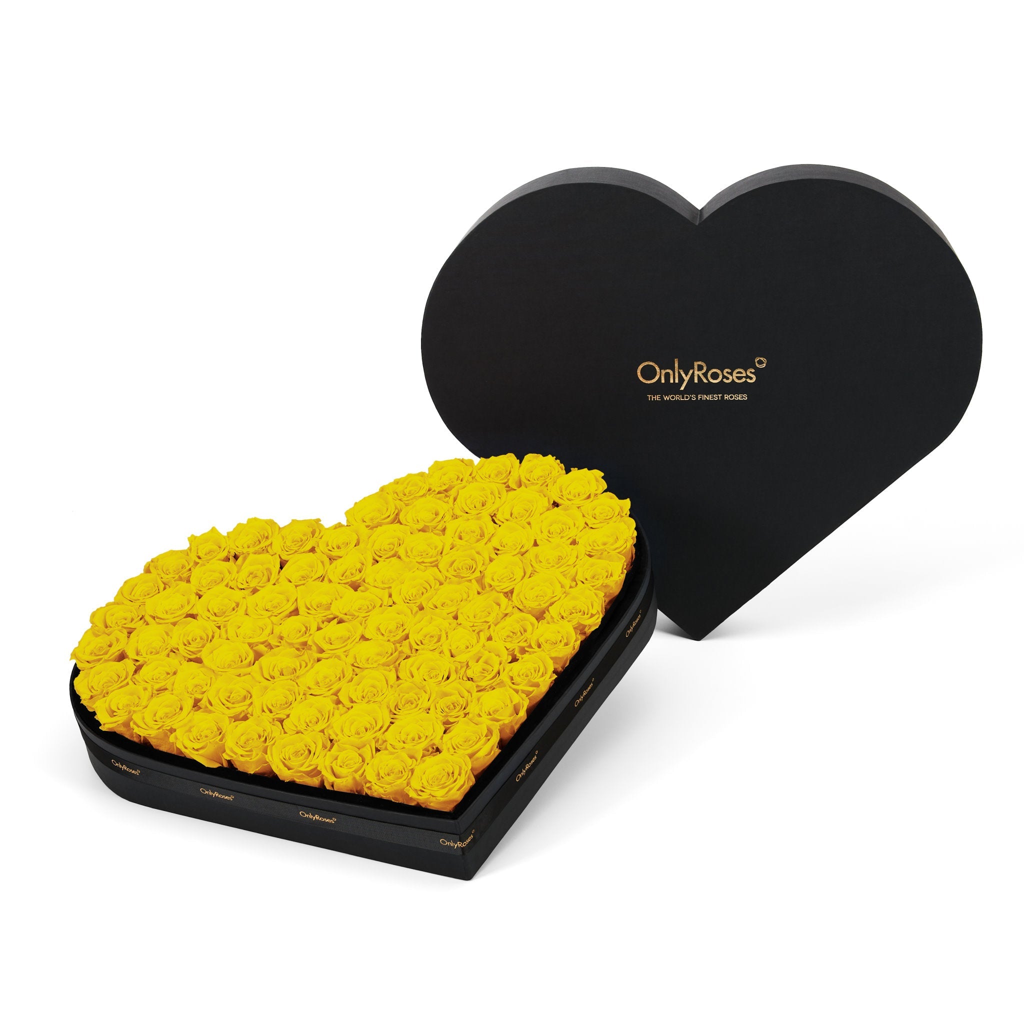 Heart-shaped box of yellow roses with 'OnlyRoses' branding on a white background