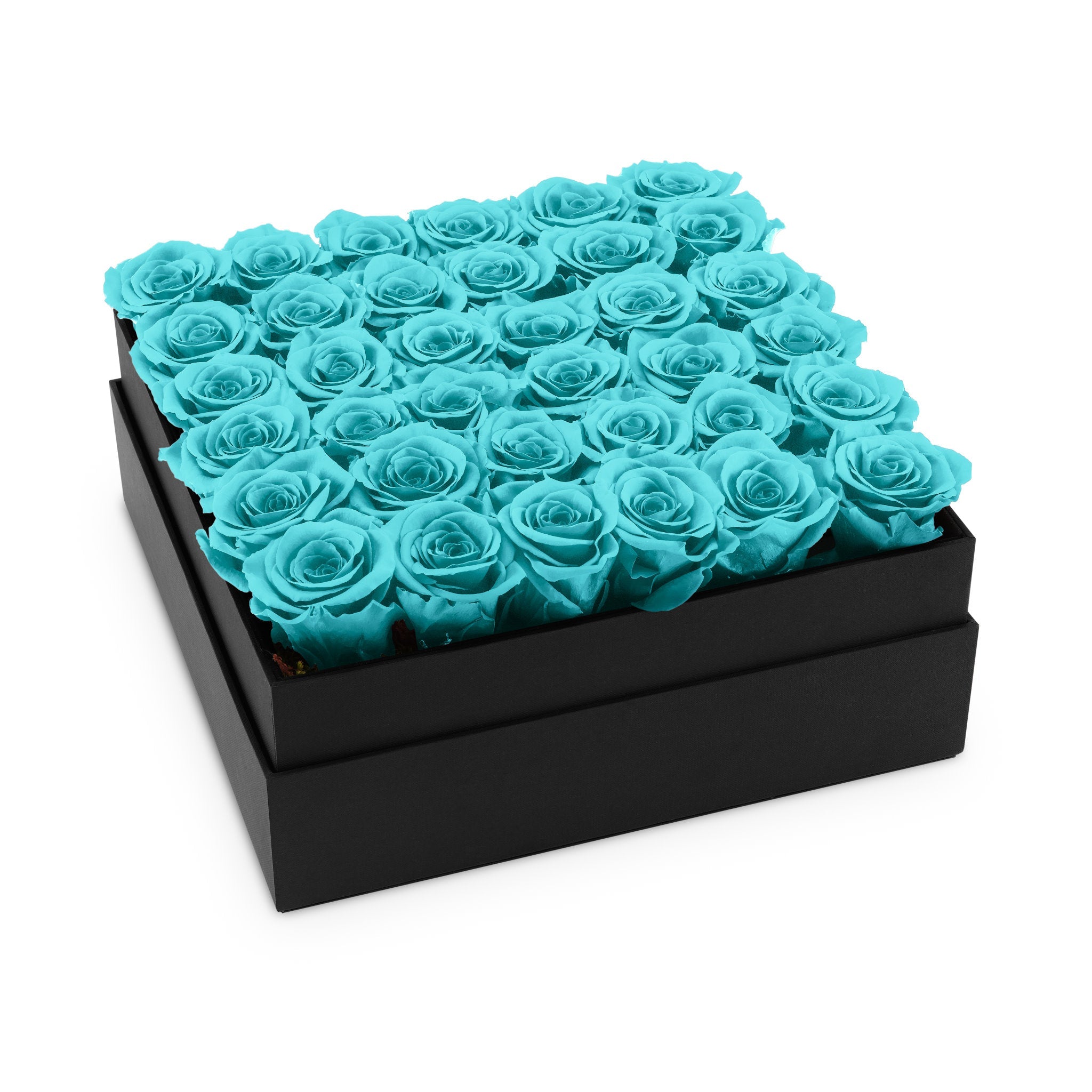 Black box filled with turquoise roses on a white background