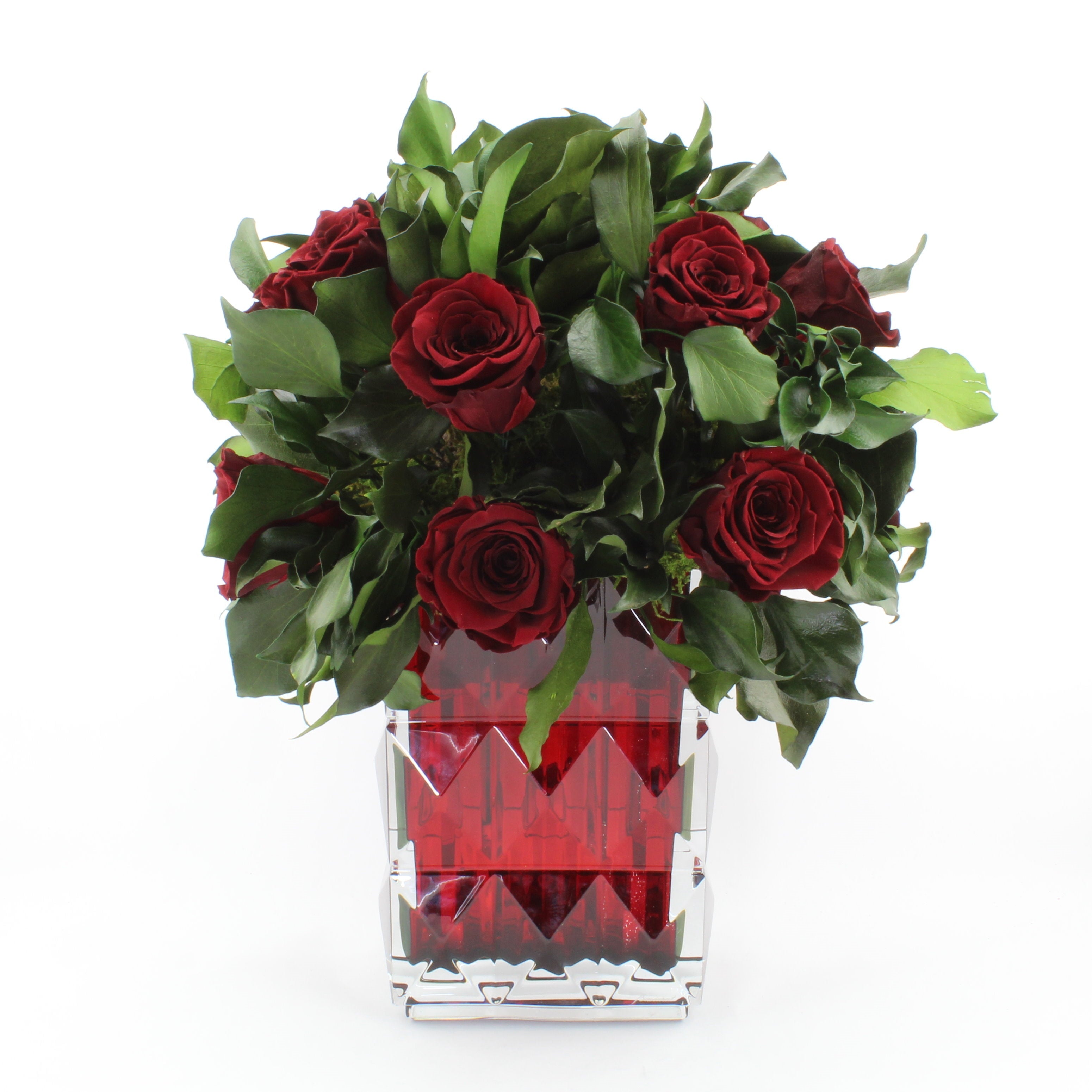 Red Bacarrat vase with red roses