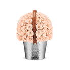 Bouquet of peach roses in a silver metal container with a brown handle on a white background