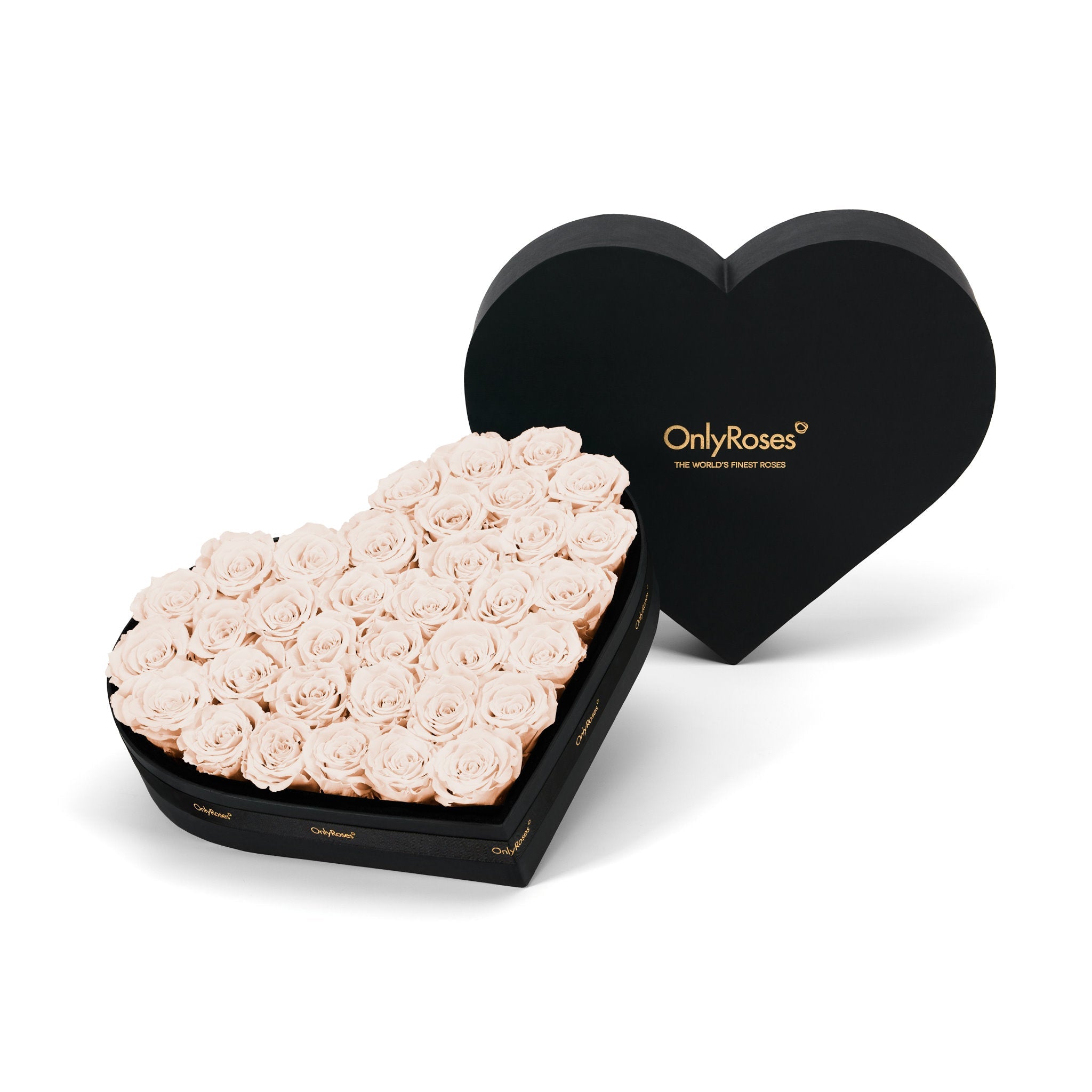 Heart-shaped box of pink roses with 'OnlyRoses' branding on a white background
