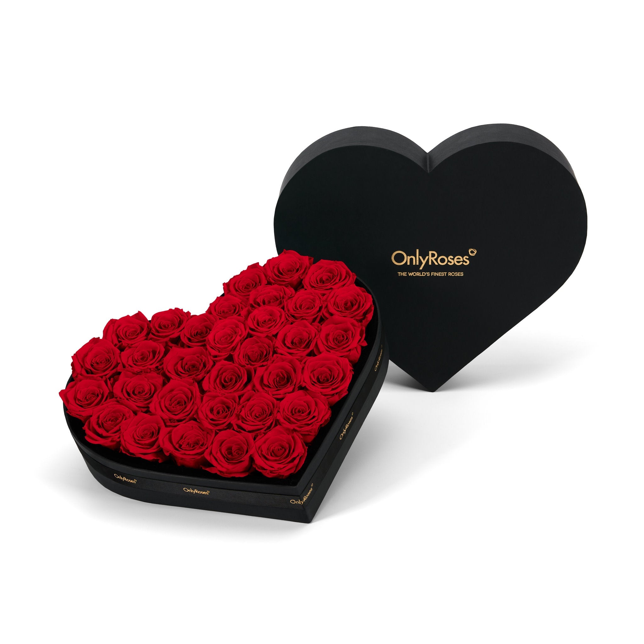 Heart-shaped box of red roses with 'OnlyRoses' branding on a white background