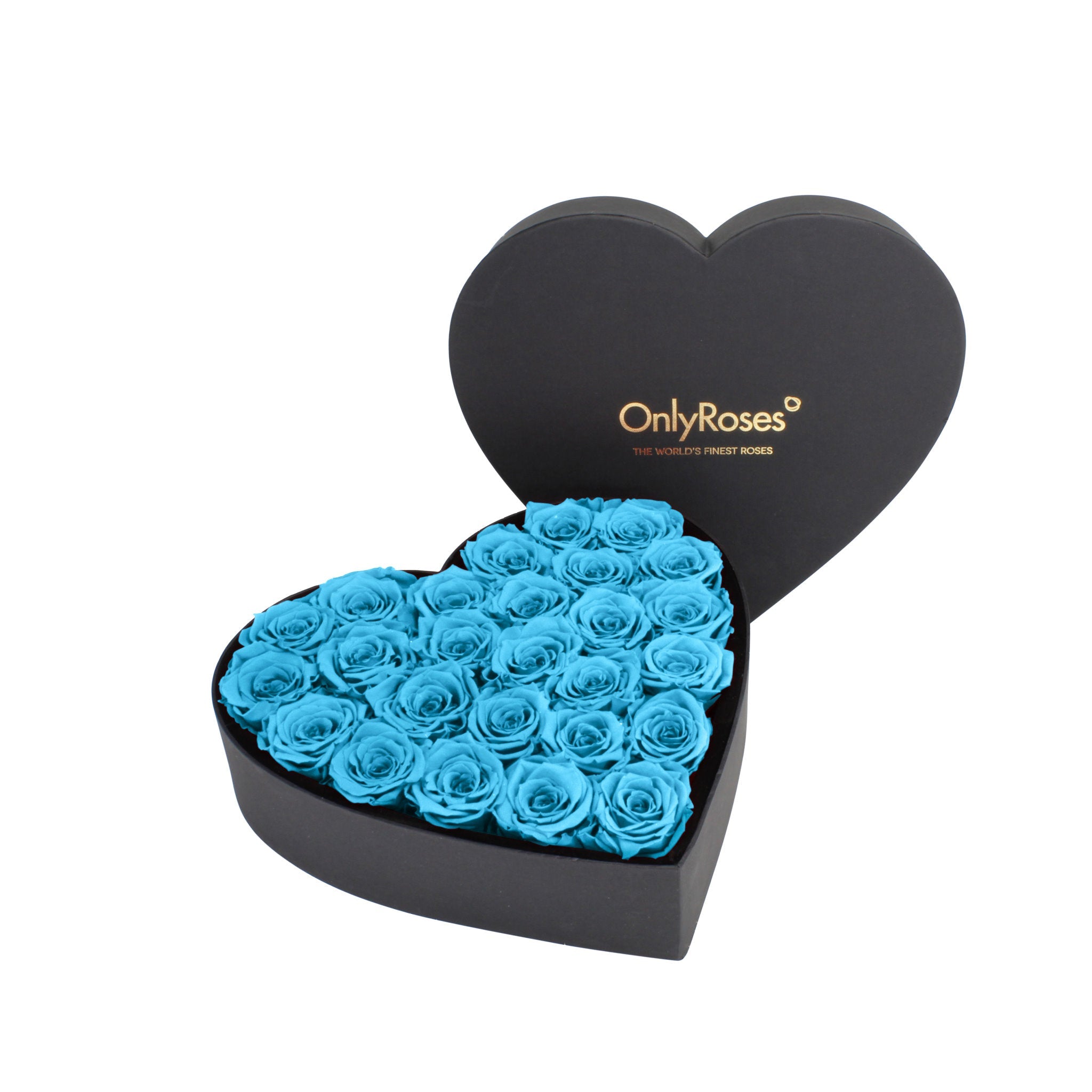 Heart-shaped box of blue roses with 'OnlyRoses' branding on a white background