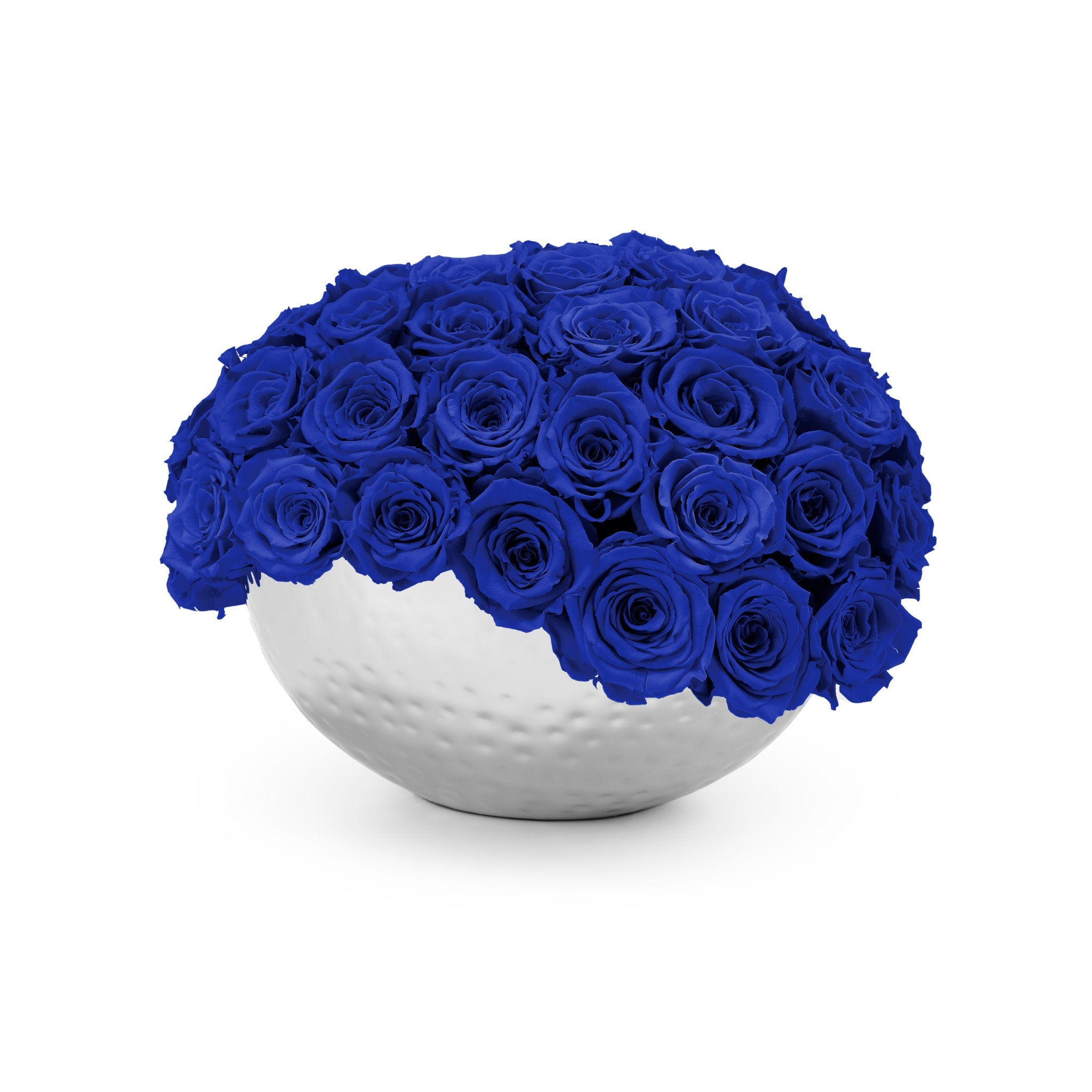 White spherical vase filled with blue roses on a white background