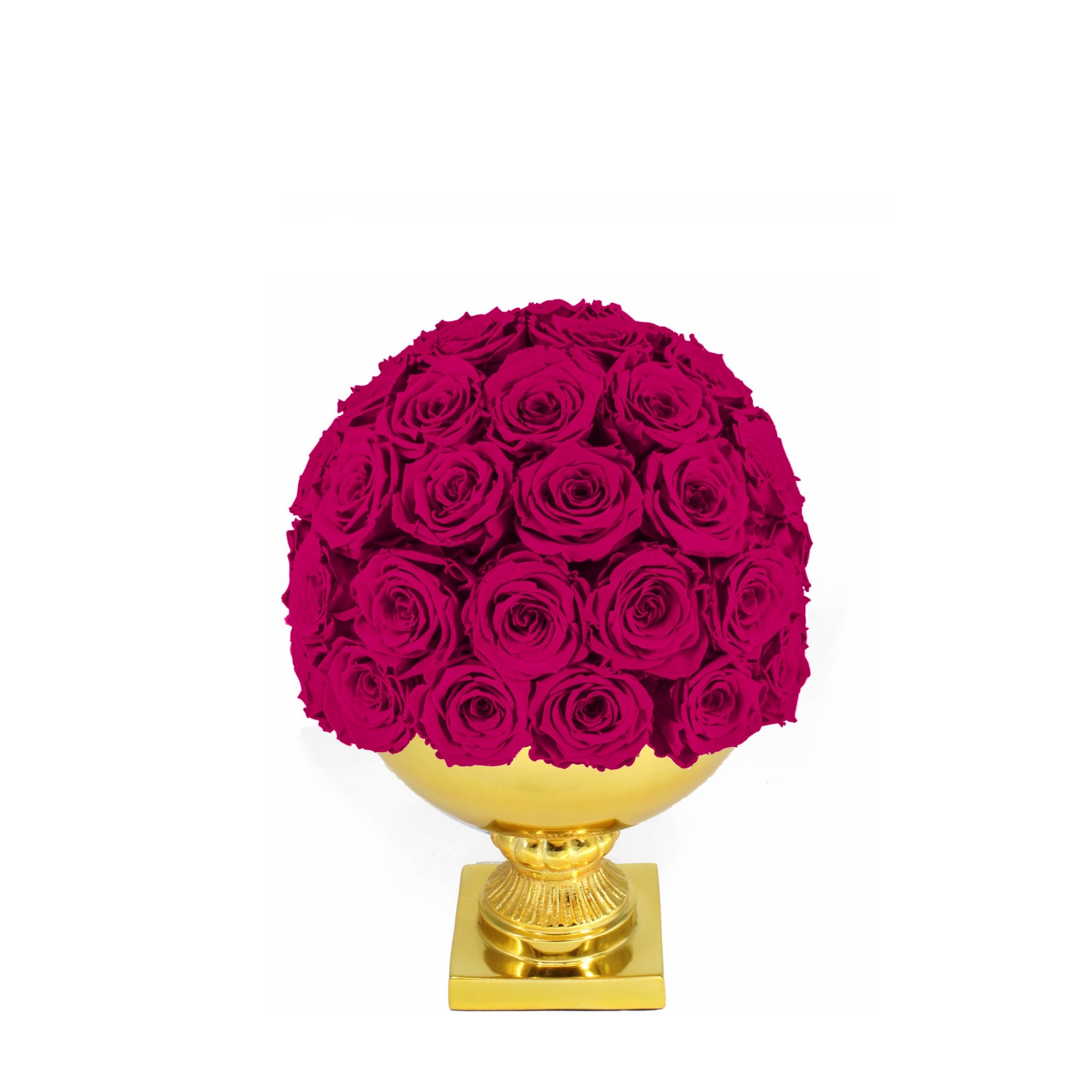 Pink rose ball on a gold pedestal against a white background