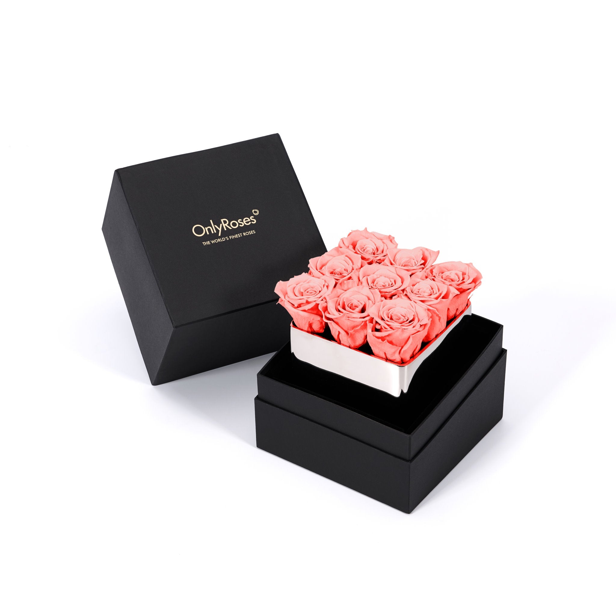 Black box with coral roses and 'Only Roses' branding on a white background