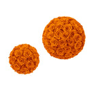 Two spherical arrangements of orange roses on a white background