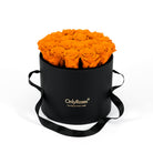 Black round box with orange roses and 'Only Roses' branding on a white background