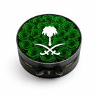 Round black OnlyRoses hat box filled with green Infinite Roses and the Saudi national emblem in white on the lid